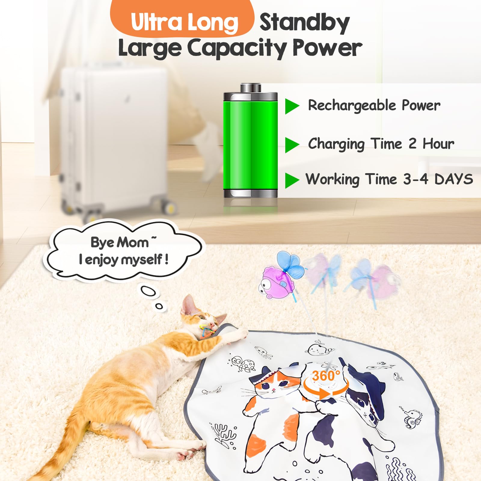USB-rechargeable ORSDA cat toy with charging port and status indicator