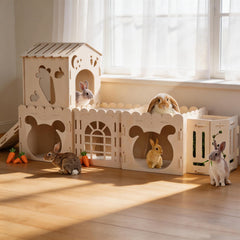 Hay feeder integrated into the bunny castle for easy nibbling access