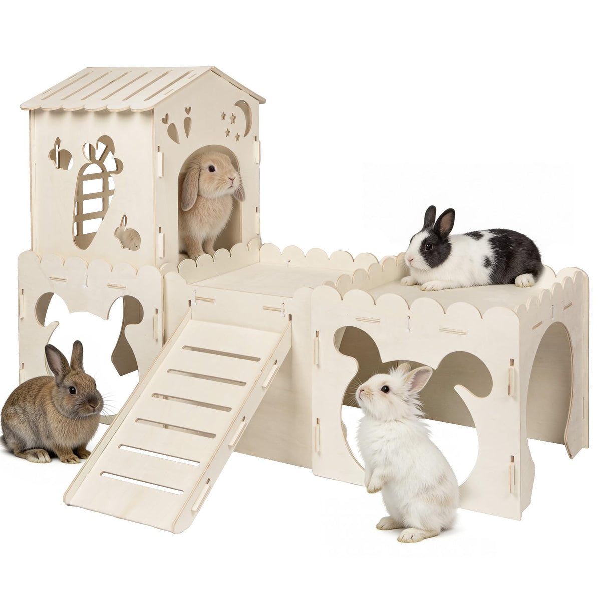 Orekemo Large Rabbit House with four interconnected castles promotes cozy rest and play.