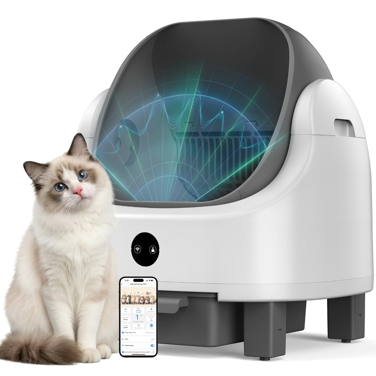 ORELEY automatic cat litter box front view demonstrates spacious interior for multi-cat households.