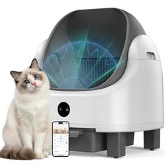 ORELEY automatic cat litter box front view demonstrates spacious interior for multi-cat households.