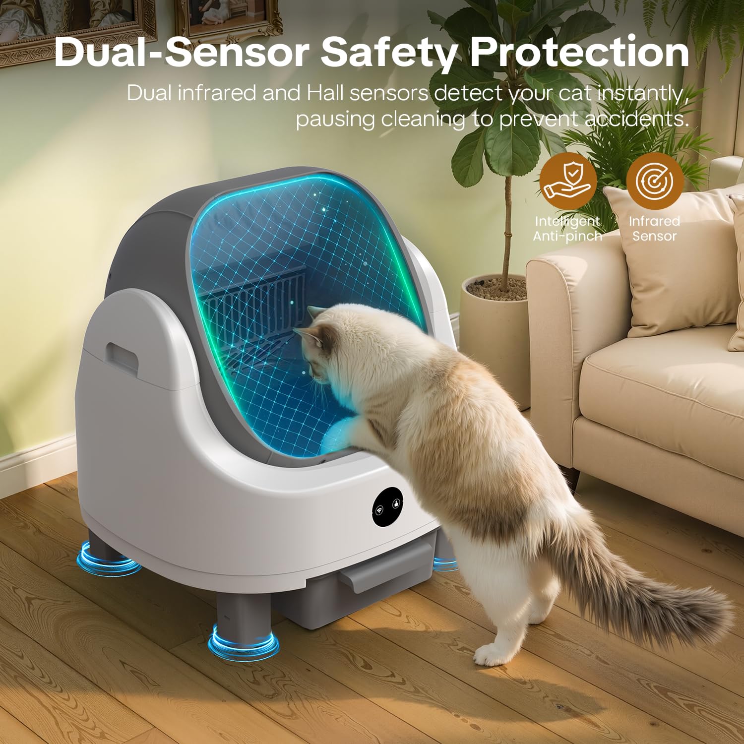 ORELEY infrared sensors gray ensure safe pauses during cleaning.