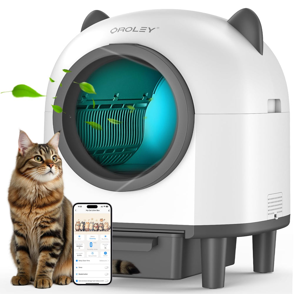 ORELEY self-cleaning litter box front view for a tidy home and less scooping