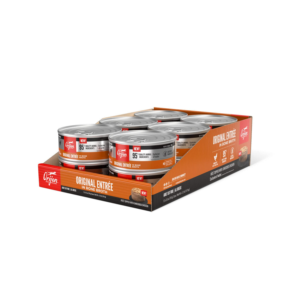 ORIJEN Original Entrée bone broth pate with shreds boosts palatability and hydration.