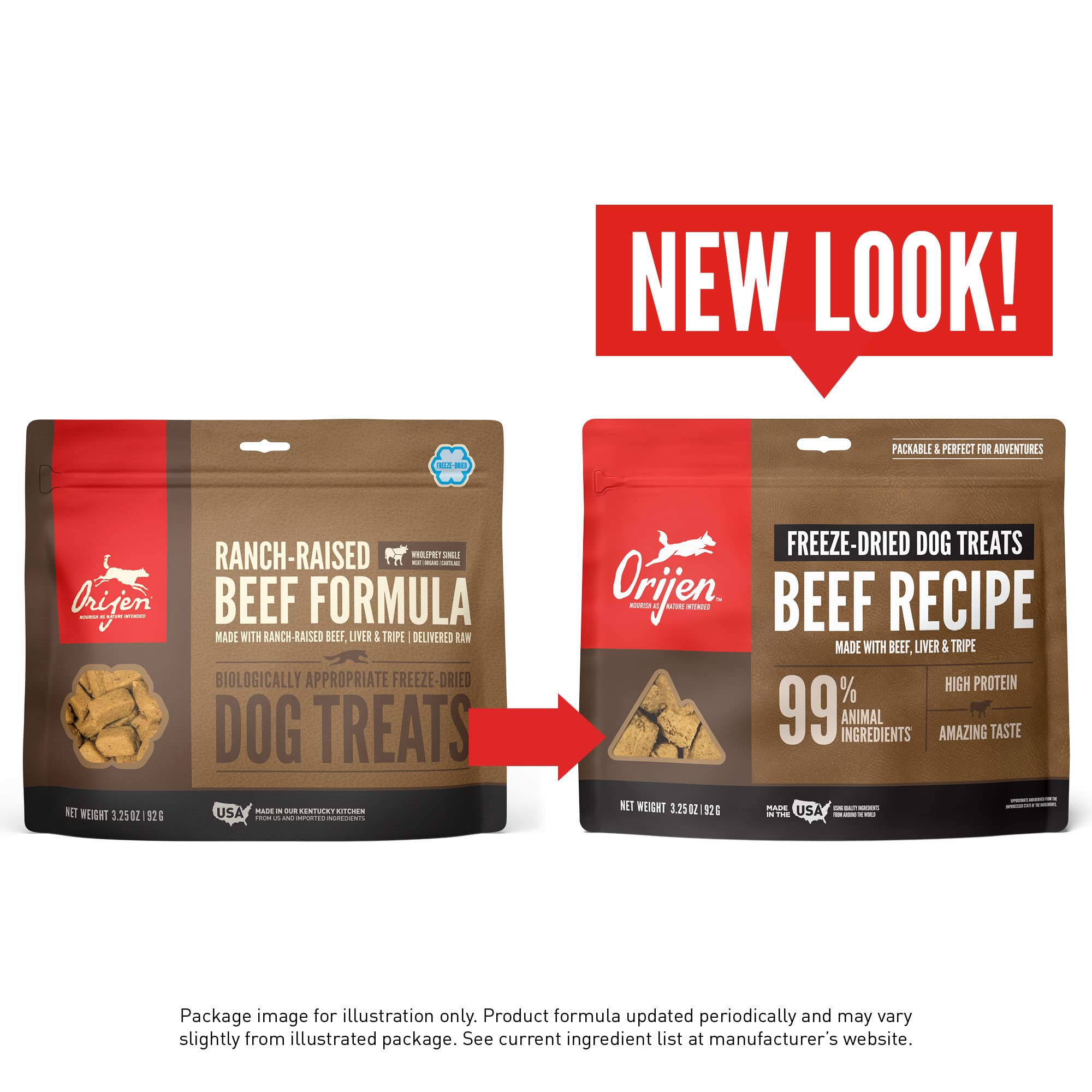 3.25oz ORIJEN beef recipe bag highlighting premium, high-protein training rewards.