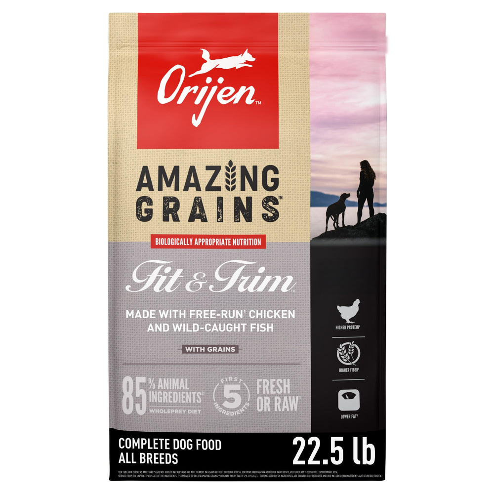 ORIJEN Amazing Grains Fit & Trim bag front highlights protein focus for lean dogs.