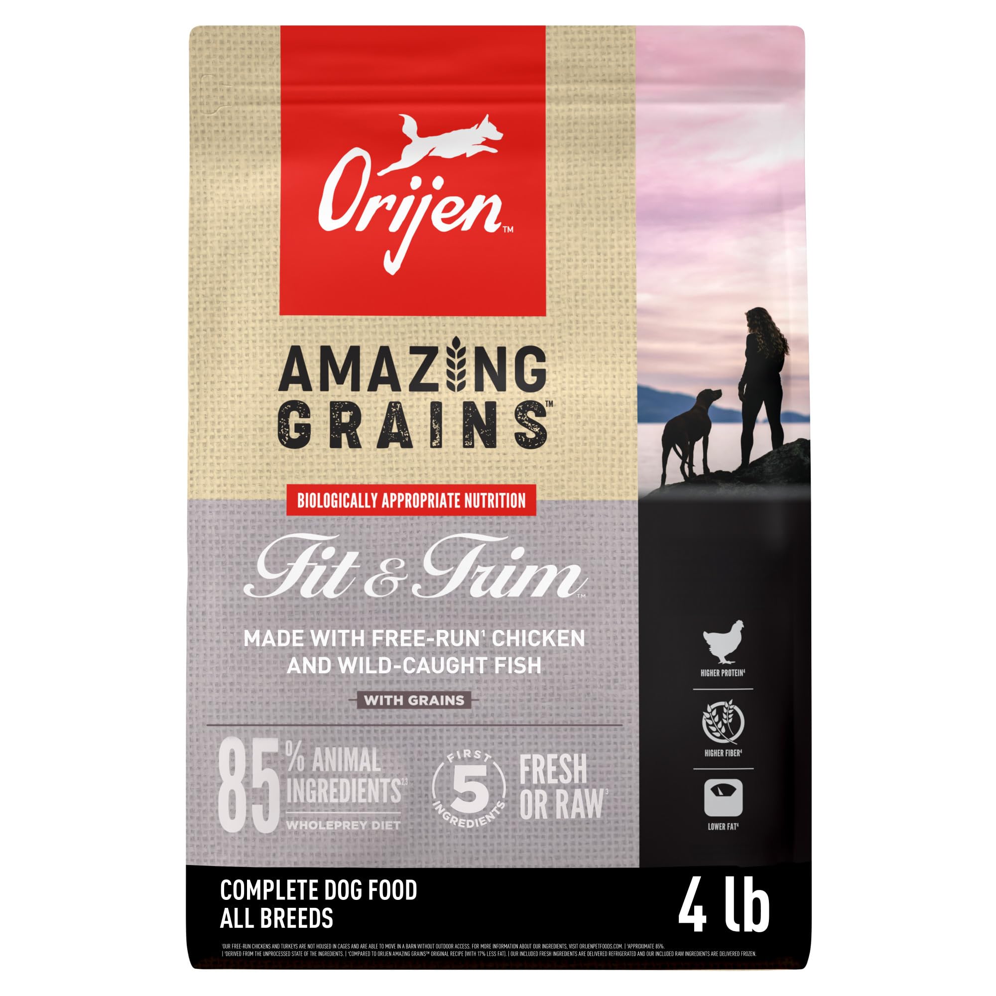 ORIJEN Amazing Grains Fit & Trim bag front showing premium protein formula.