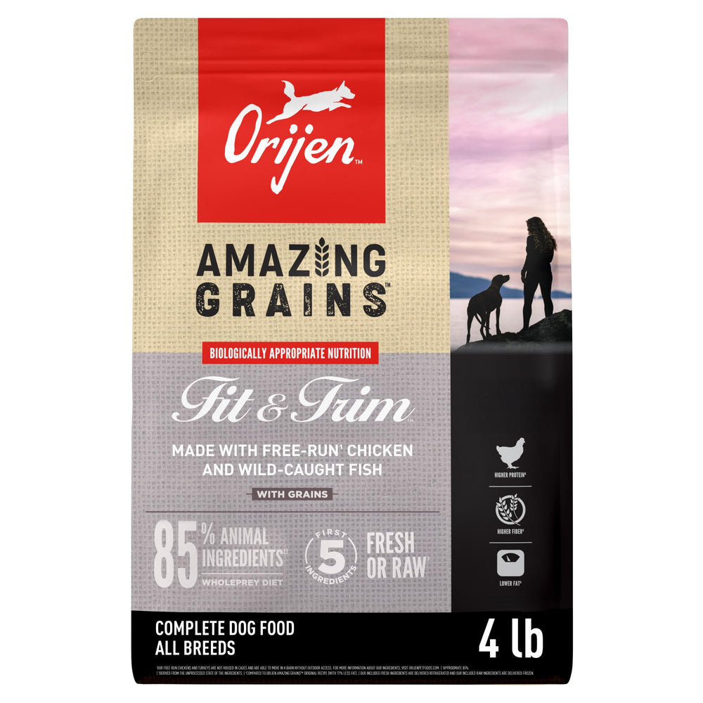 ORIJEN Amazing Grains Fit & Trim bag front showing premium protein formula.