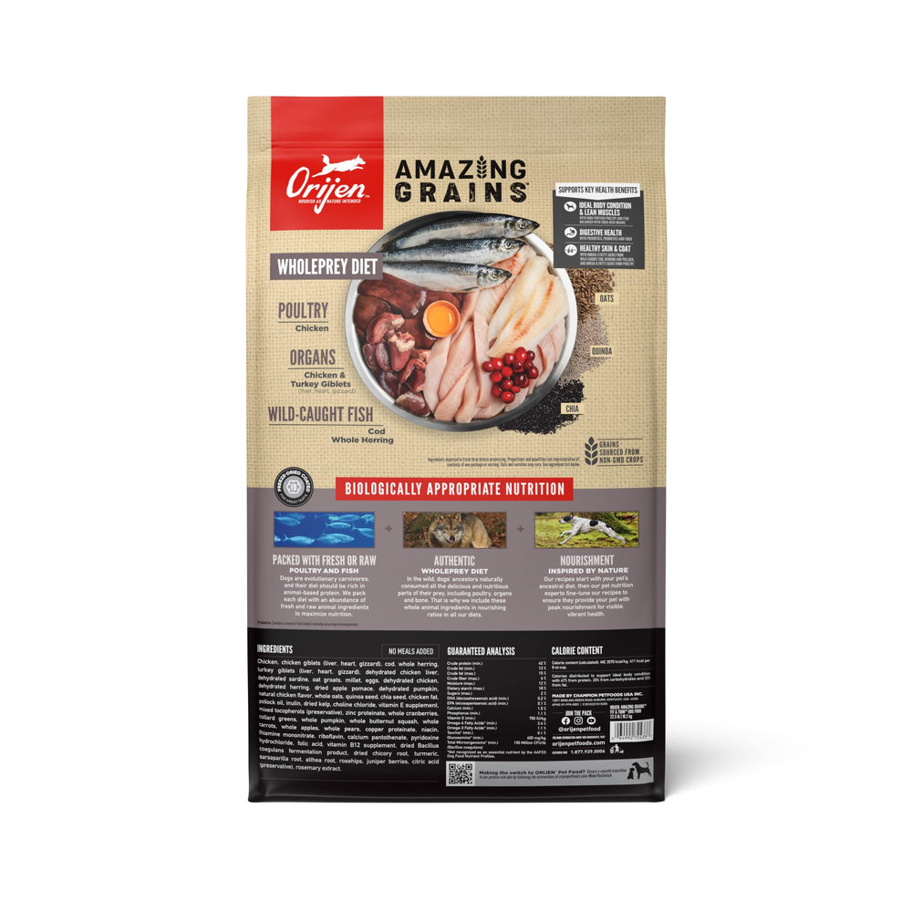 ORIJEN Amazing Grains Fit & Trim nutrition label emphasizes WholePrey nutrition.