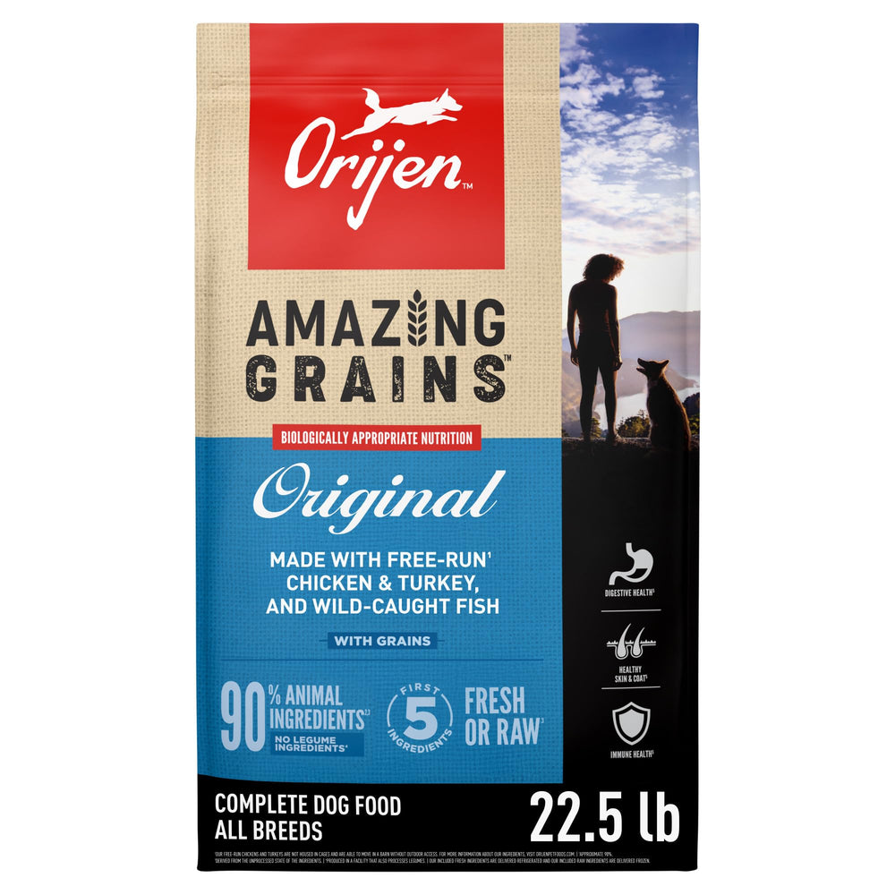 ORIJEN Amazing Grains Original bag of dry dog food for daily nourishment