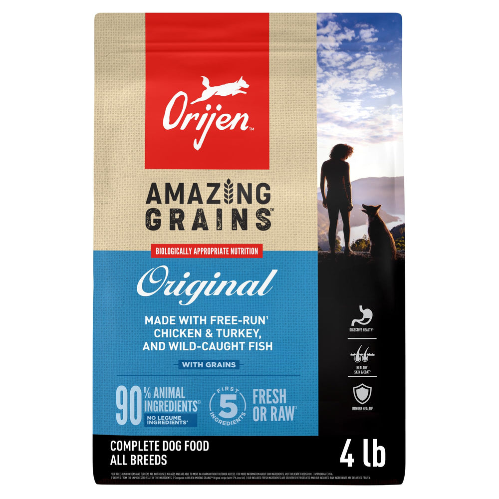 ORIJEN Amazing Grains Original Dry Dog Food bag showcases high-protein nutrition for dogs.
