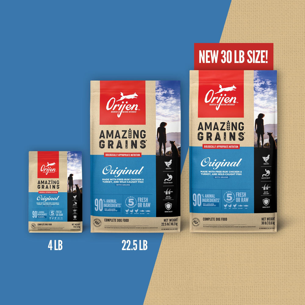 ORIJEN Amazing Grains freeze-dried coating delivers raw flavor.