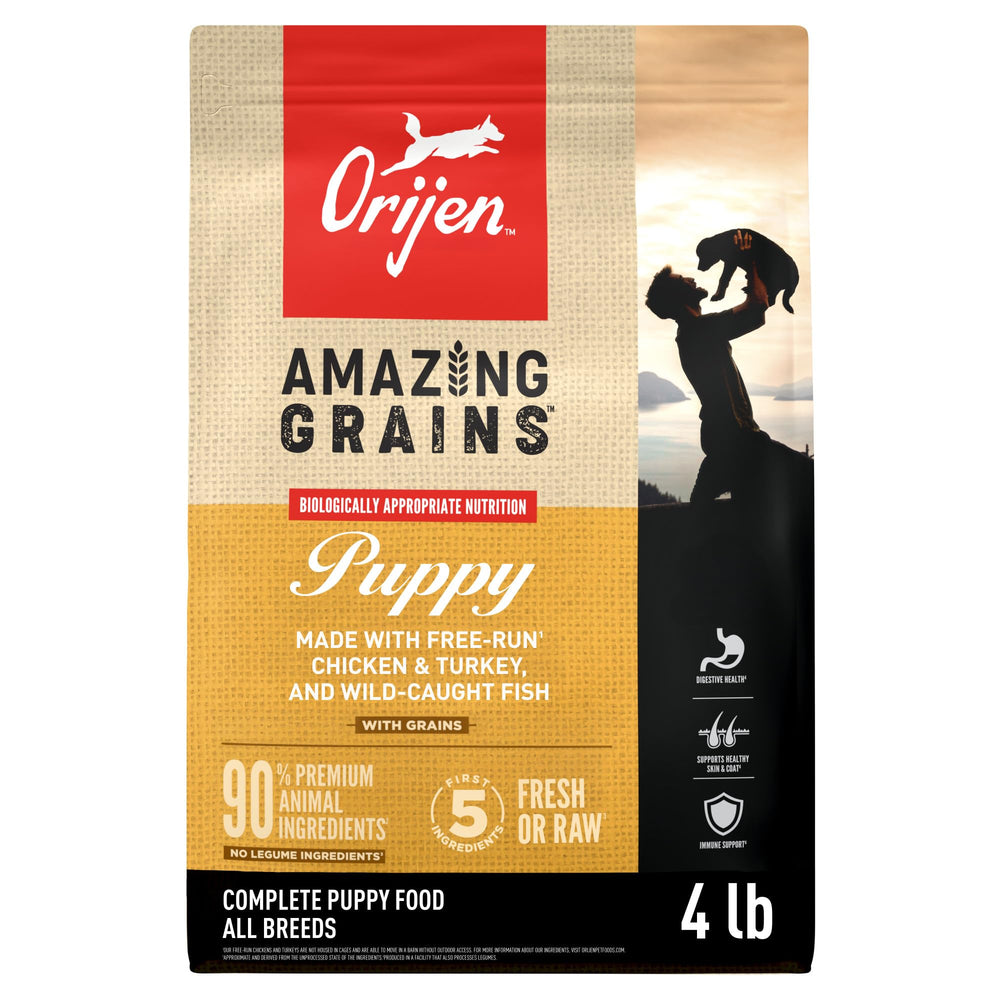 ORIJEN Amazing Grains Puppy bag front for convenient high-protein feeding