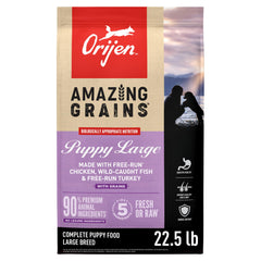 ORIJEN Amazing Grains Puppy Large Bag shown, high-protein support for growing puppies