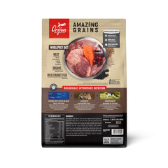 ORIJEN Amazing Grains Regional Red bag back with feeding guidance and ingredients