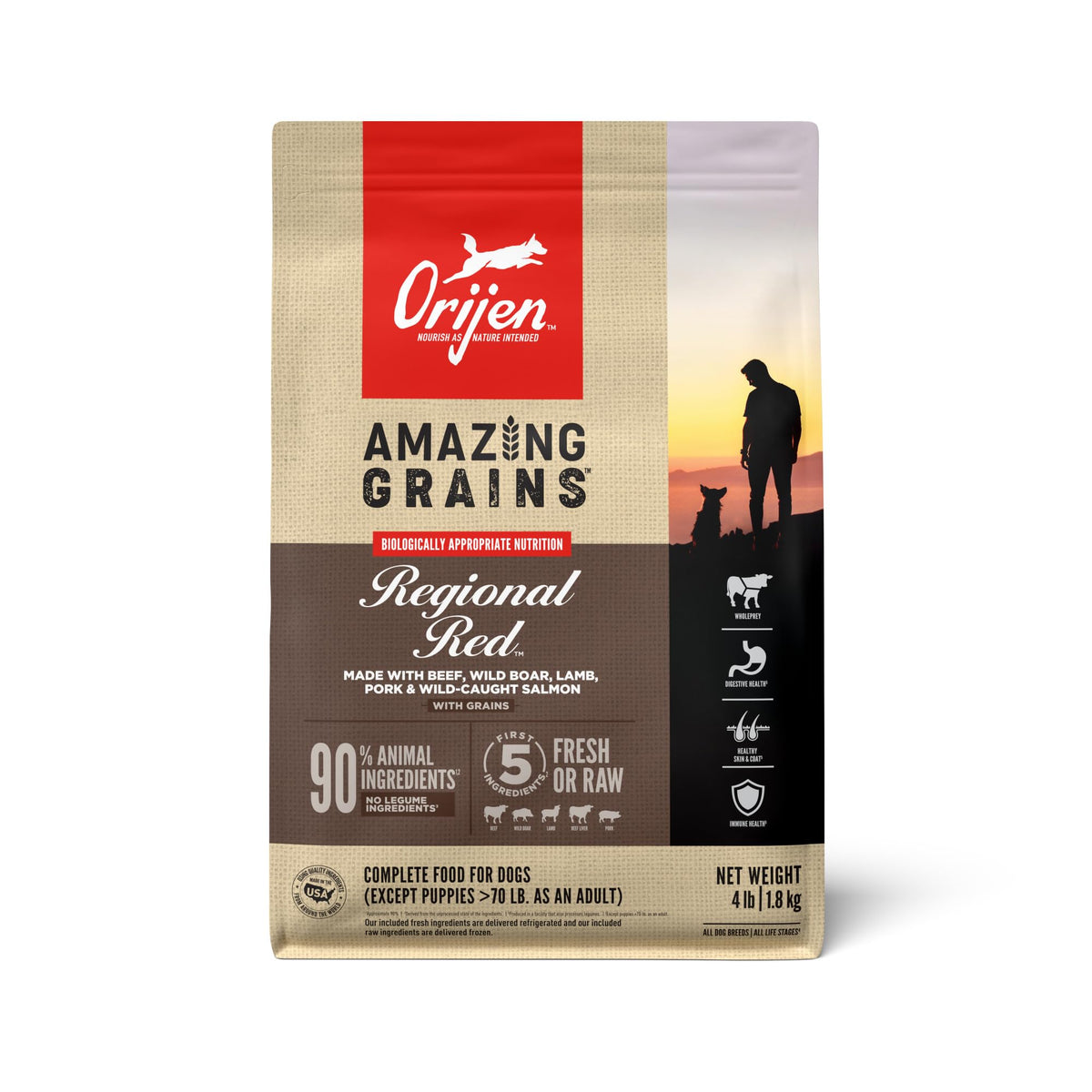 ORIJEN Amazing Grains Regional Red bag front highlighting protein-rich dry dog food for active dogs