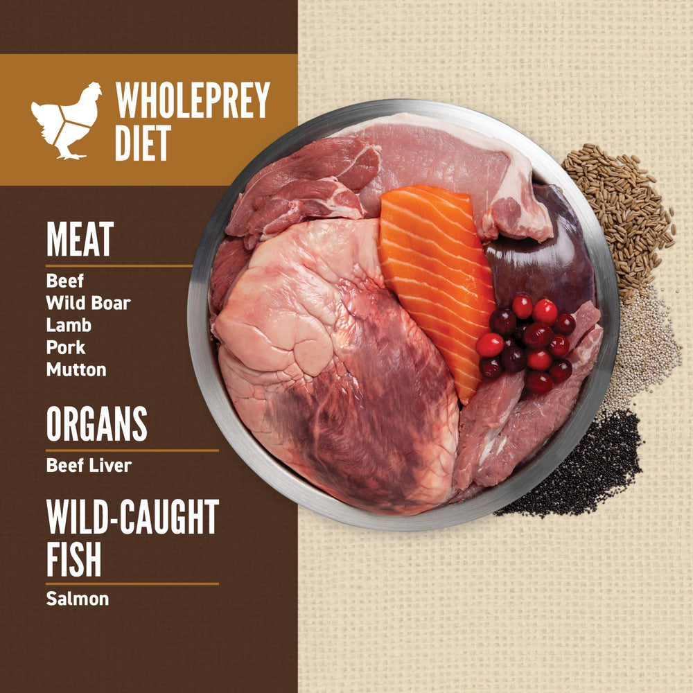 ORIJEN Amazing Grains Regional Red WholePrey ingredients montage for varied nutrients.