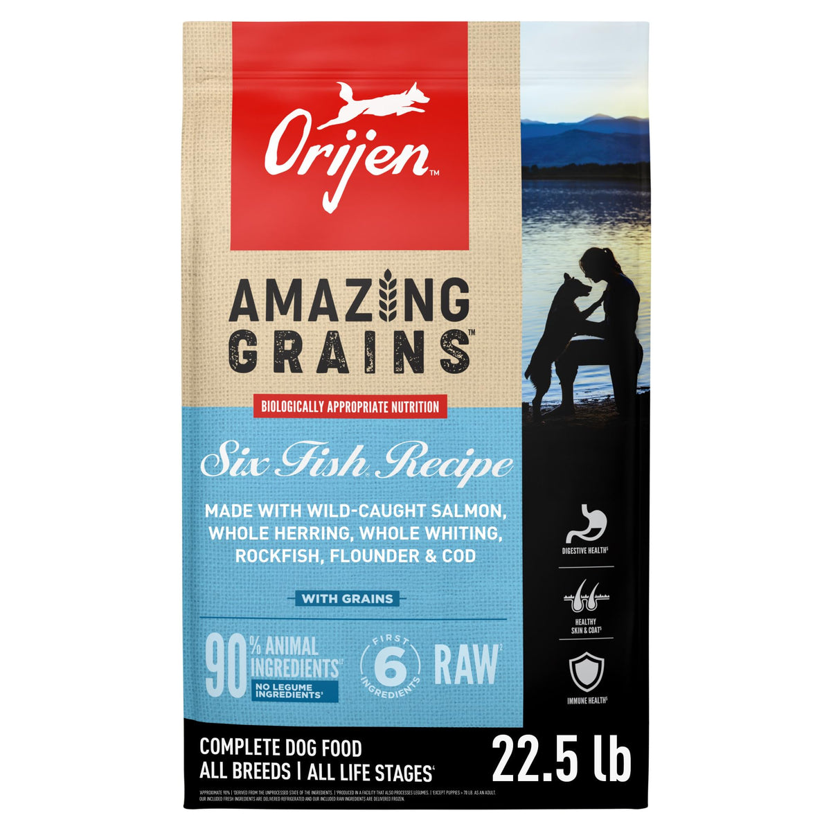 ORIJEN Amazing Grains Six Fish Recipe bag front; premium fish protein for strong nutrition.