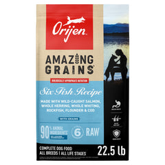 ORIJEN Amazing Grains Six Fish Recipe bag front; premium fish protein for strong nutrition.