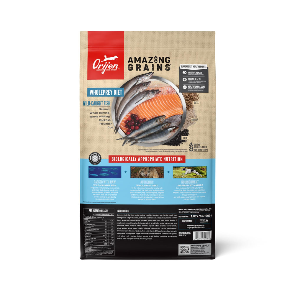 ORIJEN Amazing Grains Six Fish Recipe kibble close-up; textured pieces for palatable crunch.