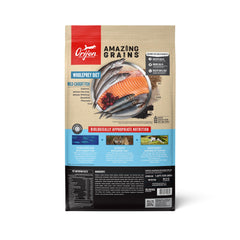ORIJEN Amazing Grains Six Fish Recipe kibble close-up; textured pieces for palatable crunch.