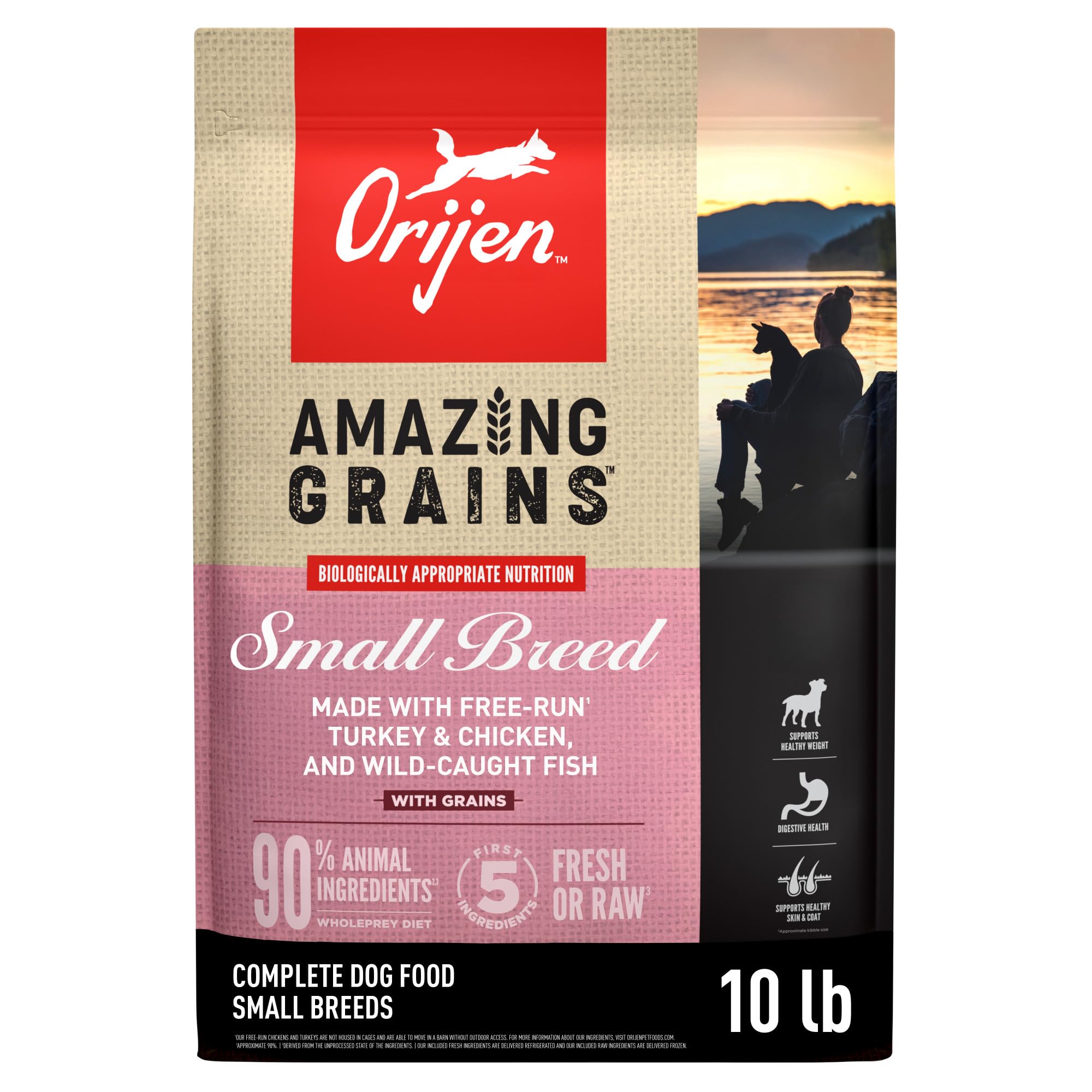 ORIJEN Amazing Grains Small Breed bag highlighting premium animal protein
