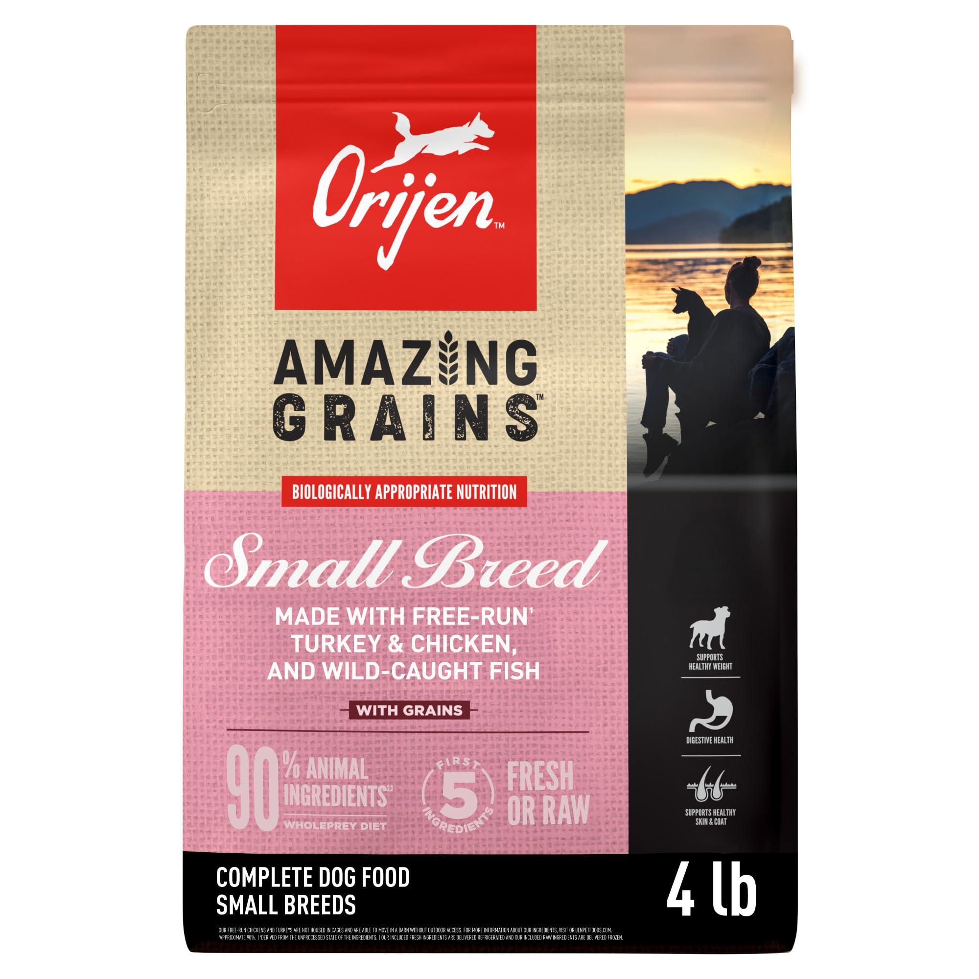 ORIJEN Amazing Grains Small Breed dry dog food bag showing premium animal protein options