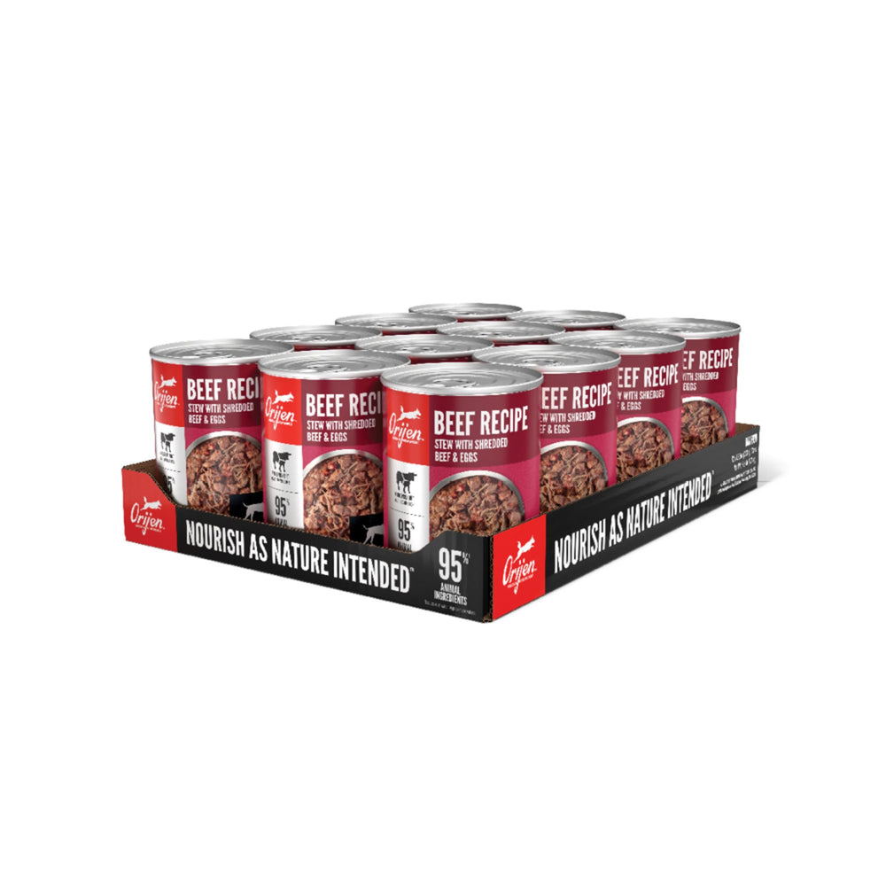 ORIJEN beef stew with shredded beef and eggs can close-up, high-protein meal option.