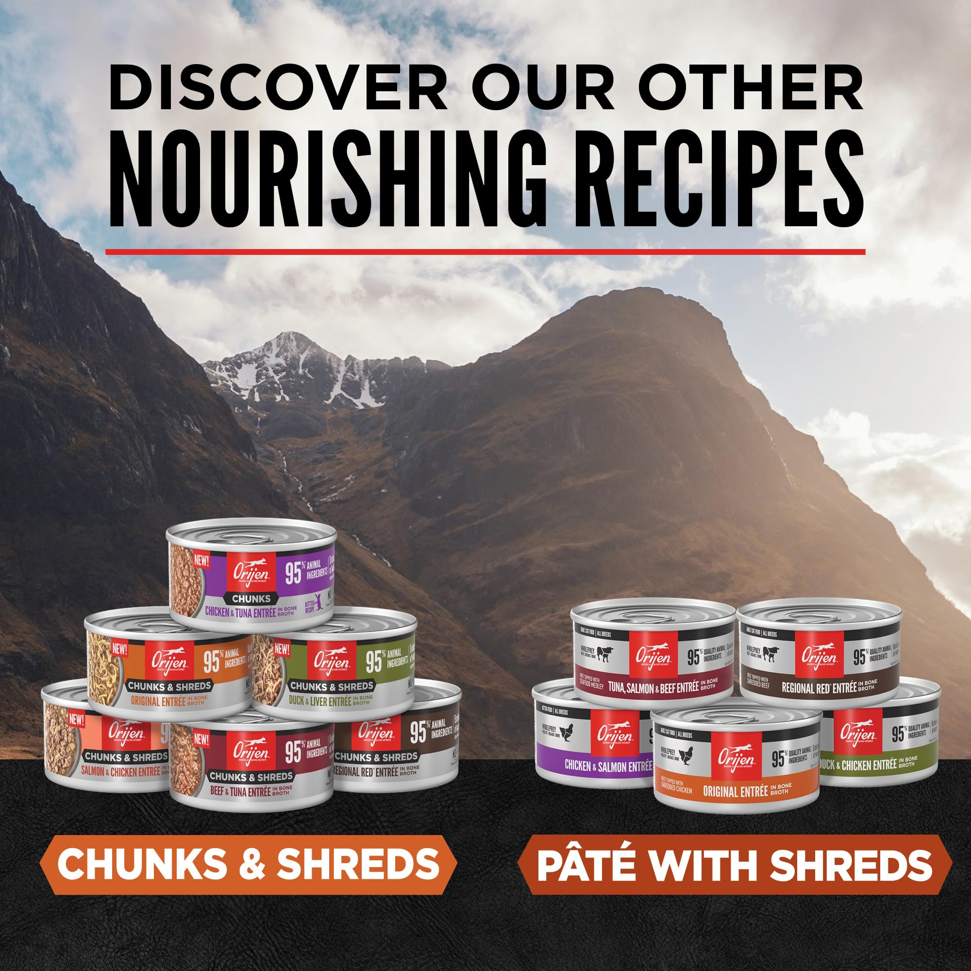 ORIJEN Chunks & Shreds moisture-rich texture emphasizes 80 percent moisture claim.