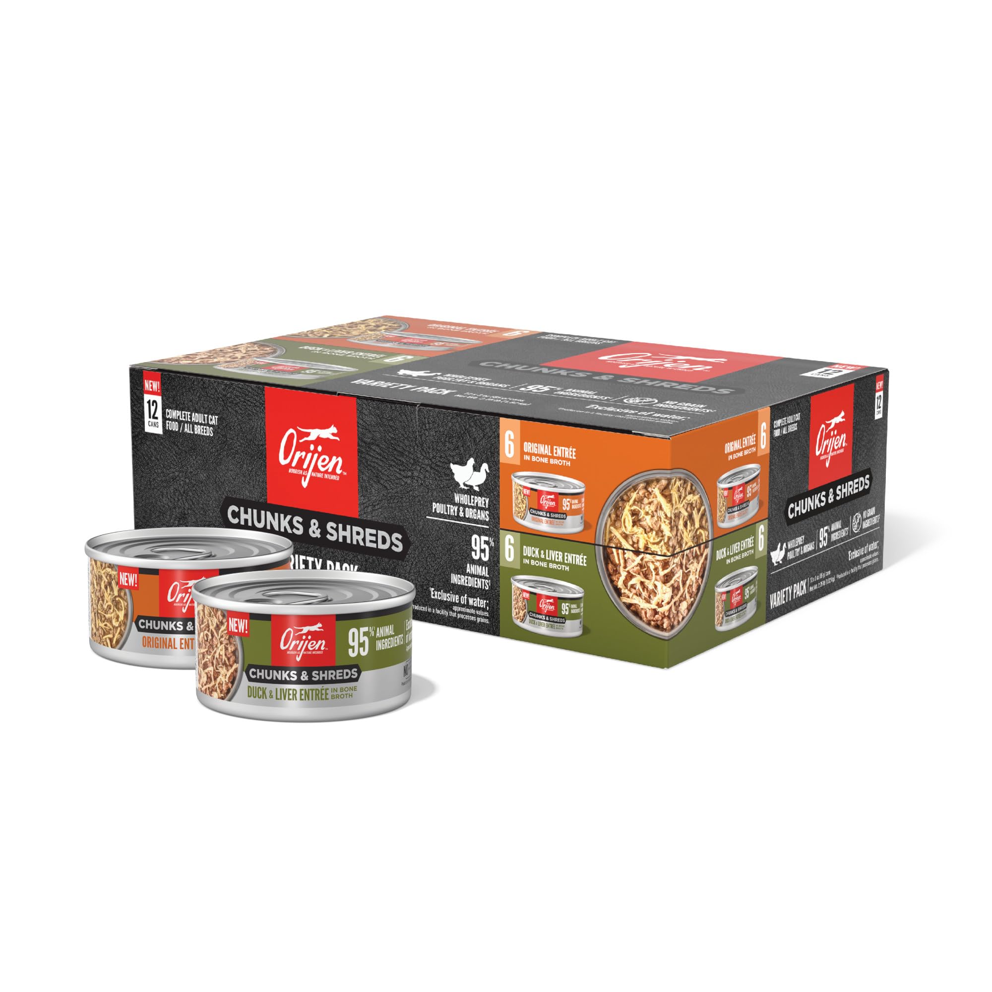 ORIJEN Duck & Liver Entrée cans showing meaty flavor and moisture.