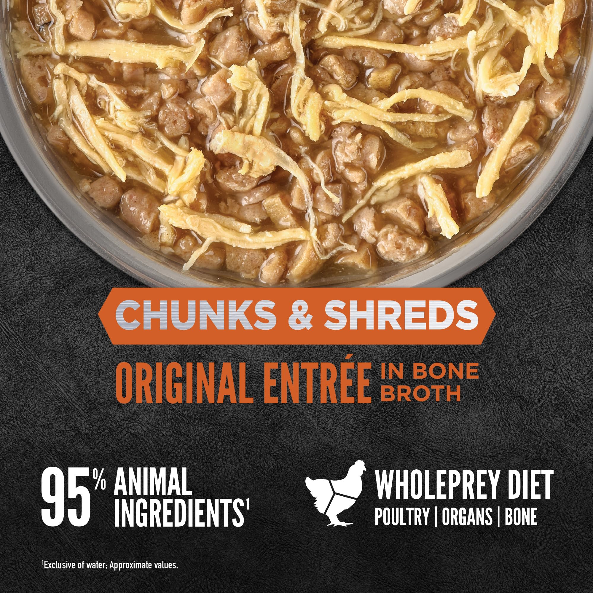 ORIJEN Chunks & Shreds no-grain formula label emphasizes grain-free nutrition.