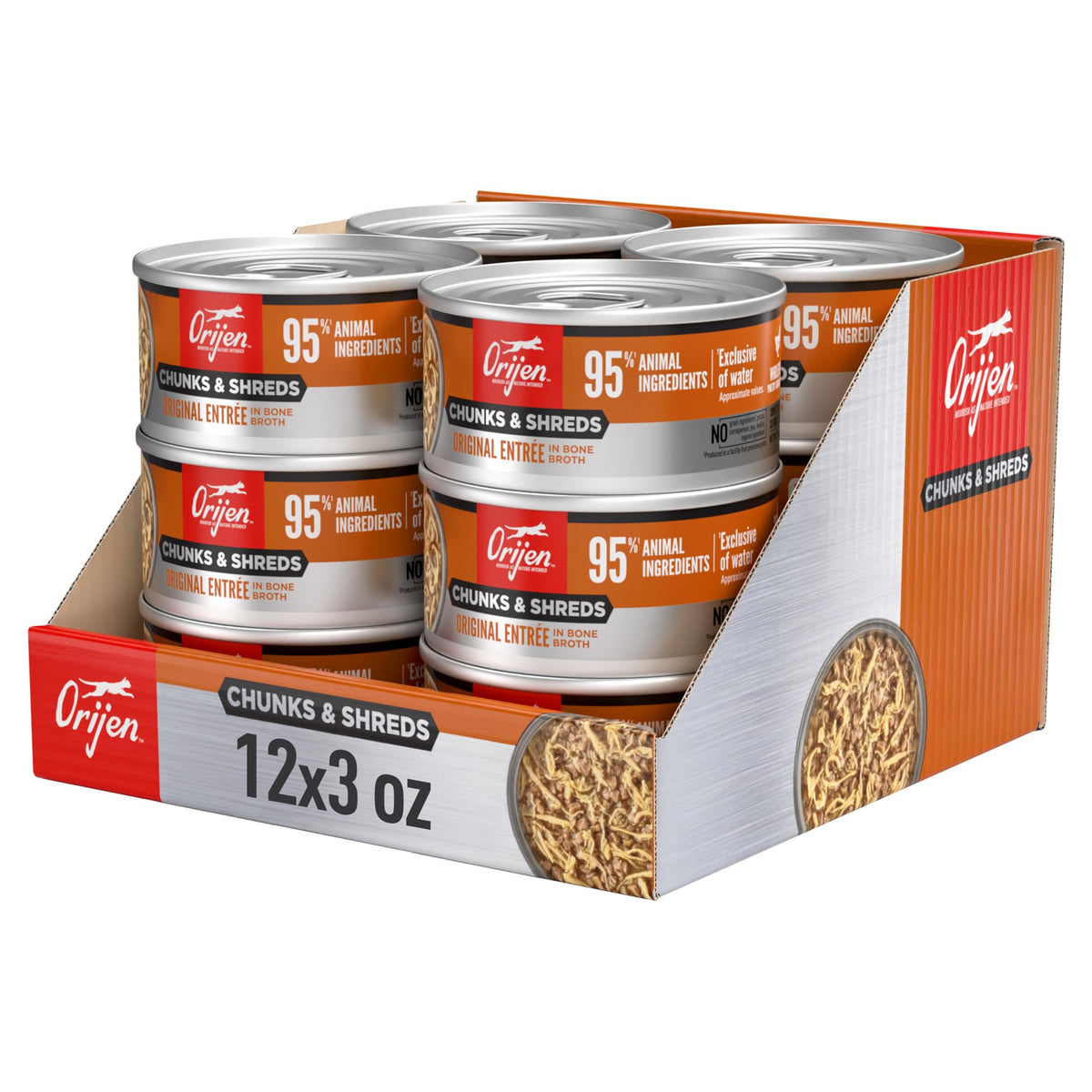ORIJEN Chunks & Shreds Original Entrée 3oz can with hearty meat chunks for palatability.