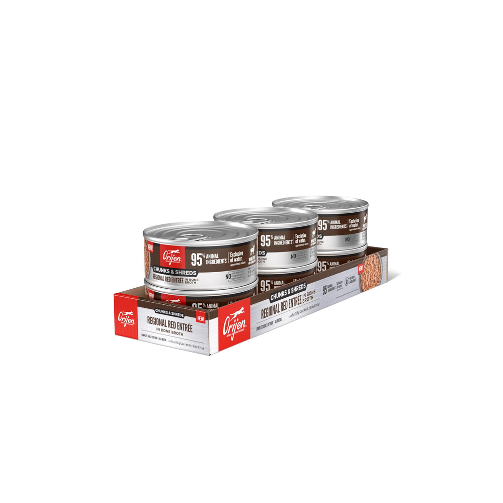 ORIJEN Chunks & Shreds Red Entree cans show beef and tuna chunks for protein-rich meals.