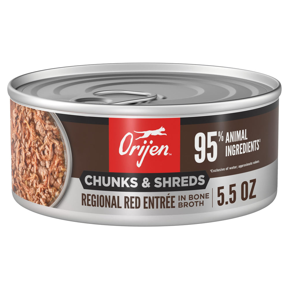 Close-up of chunks and shreds in ORIJEN Red Entree for texture variety.