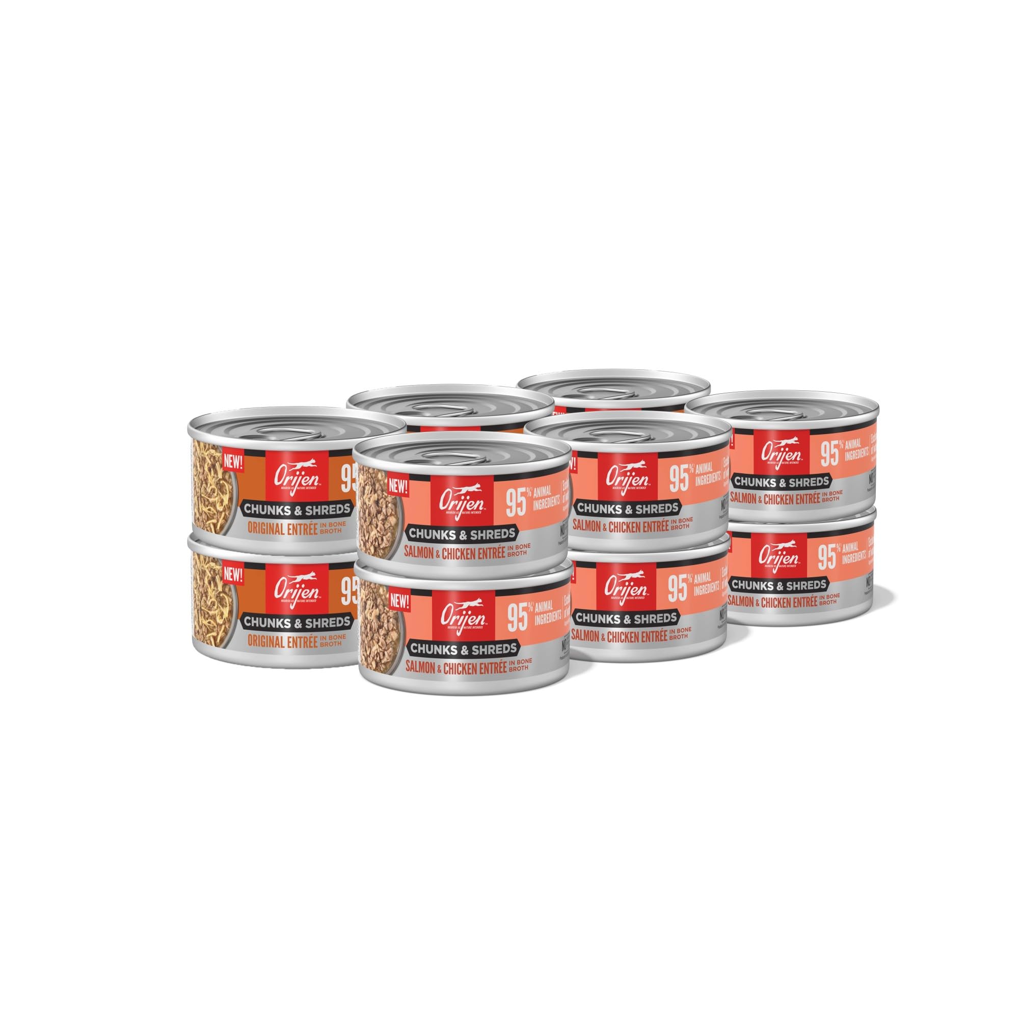 ORIJEN Chunks & Shreds Salmon-Chicken Entrée cans highlighting high meat content for taste appeal