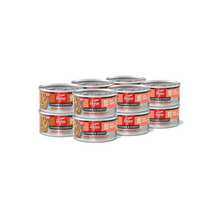 ORIJEN Chunks & Shreds Salmon-Chicken Entrée cans highlighting high meat content for taste appeal