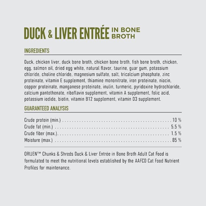 ORIJEN chunks-shreds served over broth close-up emphasizing hydration and palatability