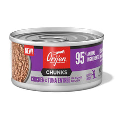 ORIJEN Chunks & Shreds wet cat food can with chicken and tuna for kittens, protein-rich nourishment.