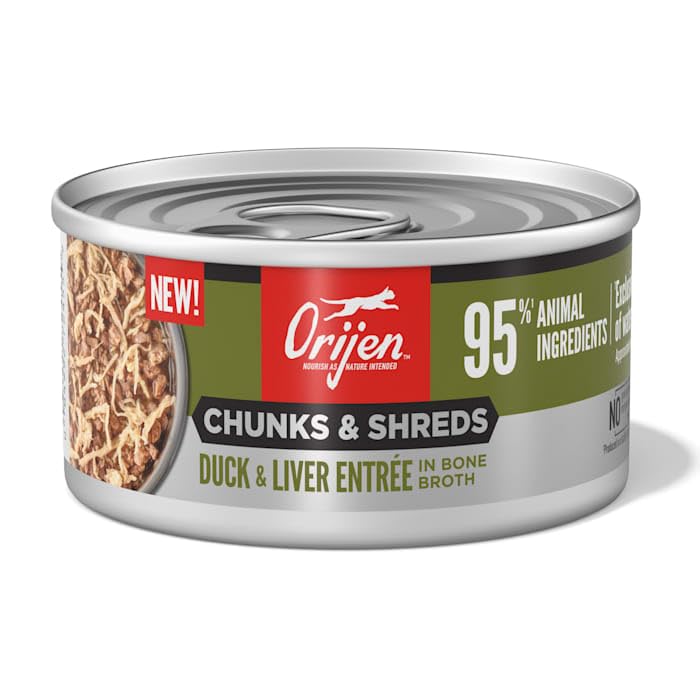 ORIJEN Chunks & Shreds duck liver entree 3oz cans close-up with high-protein meat bites