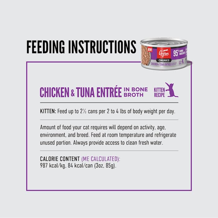 ORIJEN Chunks & Shreds kitten formula with high protein support.
