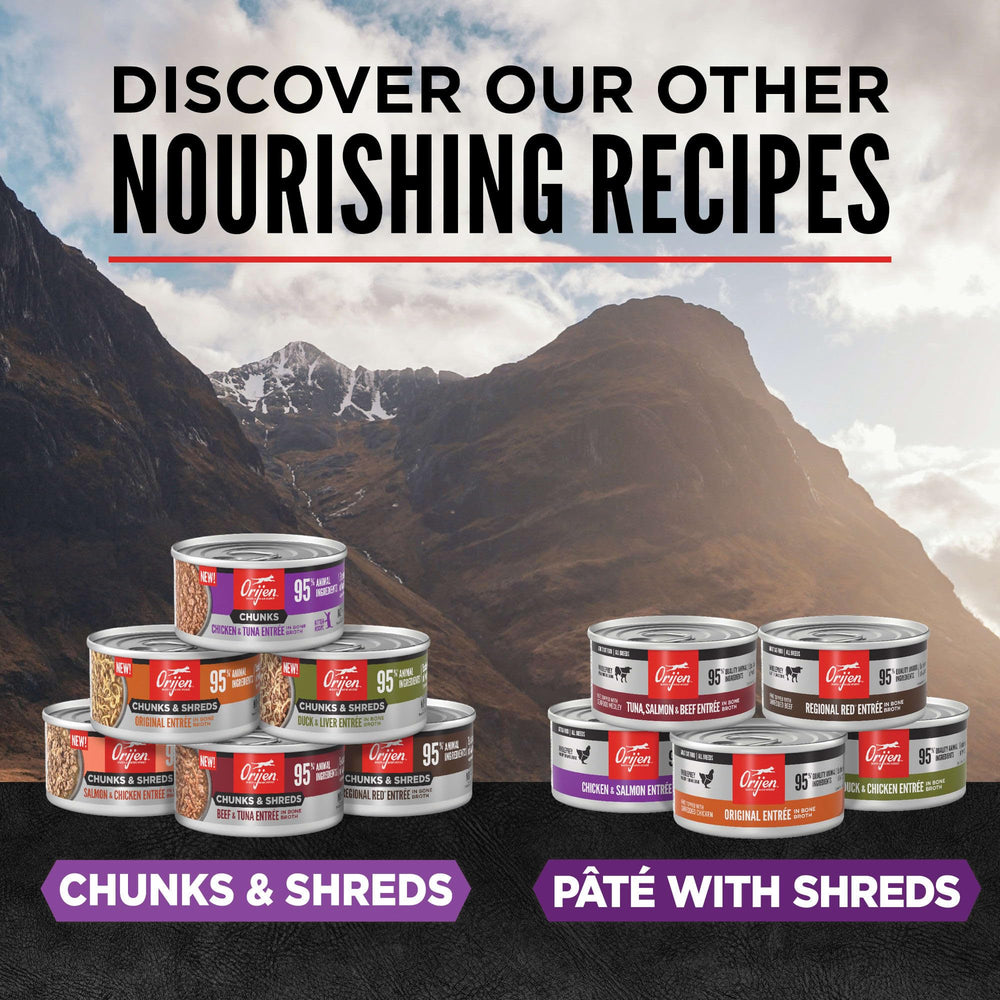 ORIJEN Chunks & Shreds can highlight liver and bone broth variety.