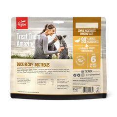 ORIJEN duck and liver protein dog treats on USA-made packaging emphasize quality.