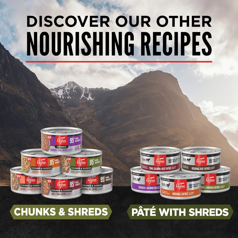 ORIJEN Duck + Chicken Entrée 80% moisture image signals hydration-friendly wet food.