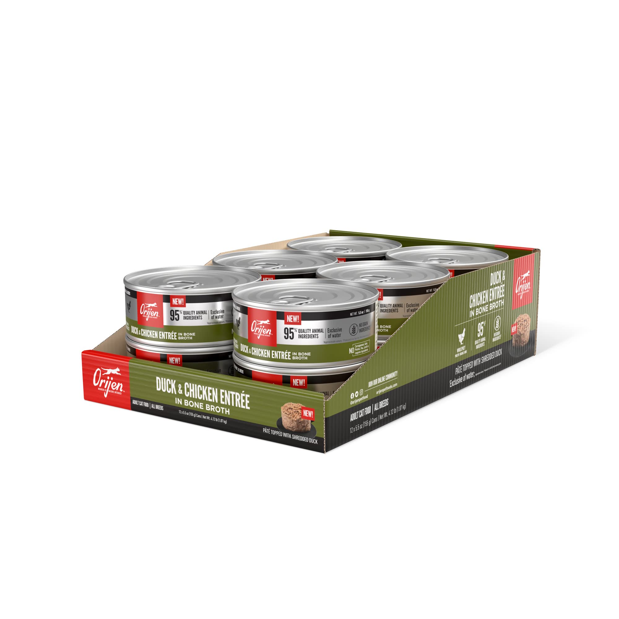 ORIJEN Duck + Chicken Entrée bone broth pate with shredded duck and chicken for hydration.