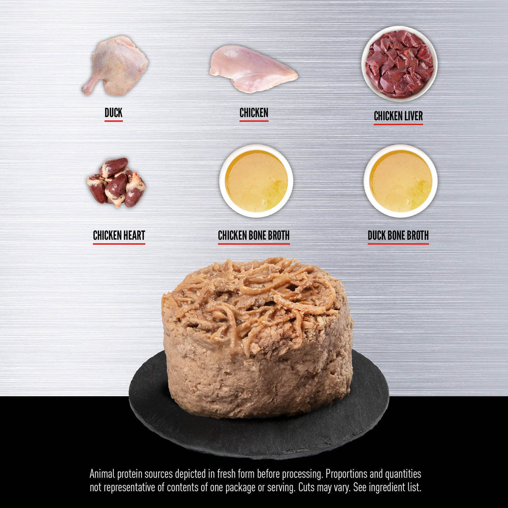 ORIJEN Duck + Chicken Entrée WholePrey focus showing organs and bones for balanced nutrition.