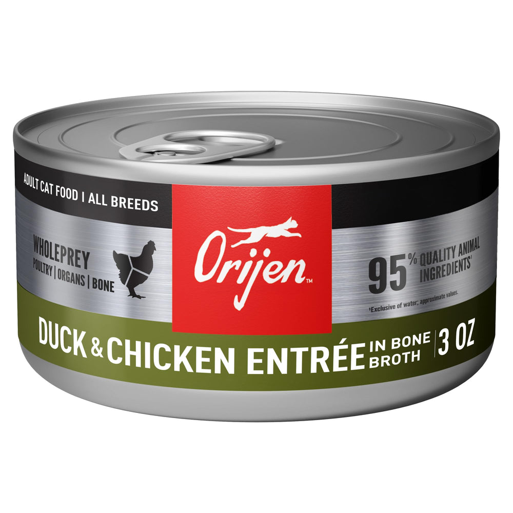ORIJEN duck and chicken raw ingredients close-up showing WholePrey components.