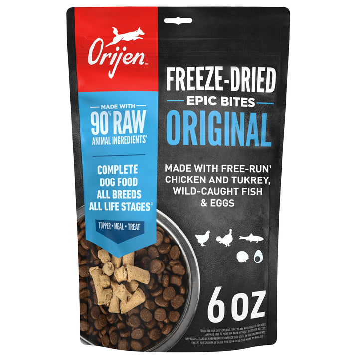 ORIJEN Epic Bites freeze-dried bag highlighting premium ingredients for convenient meals.