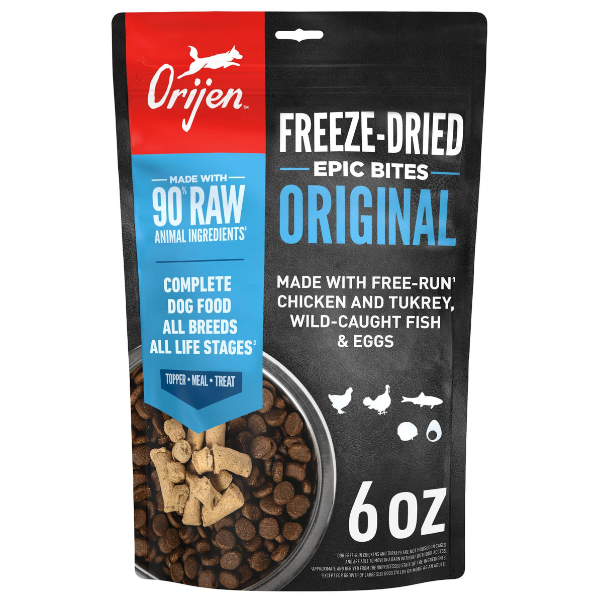 ORIJEN Epic Bites freeze-dried bag highlighting premium ingredients for convenient meals.