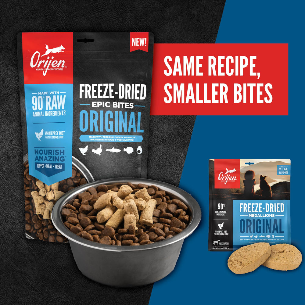 ORIJEN Epic Bites packaging design highlighting USA-made quality.