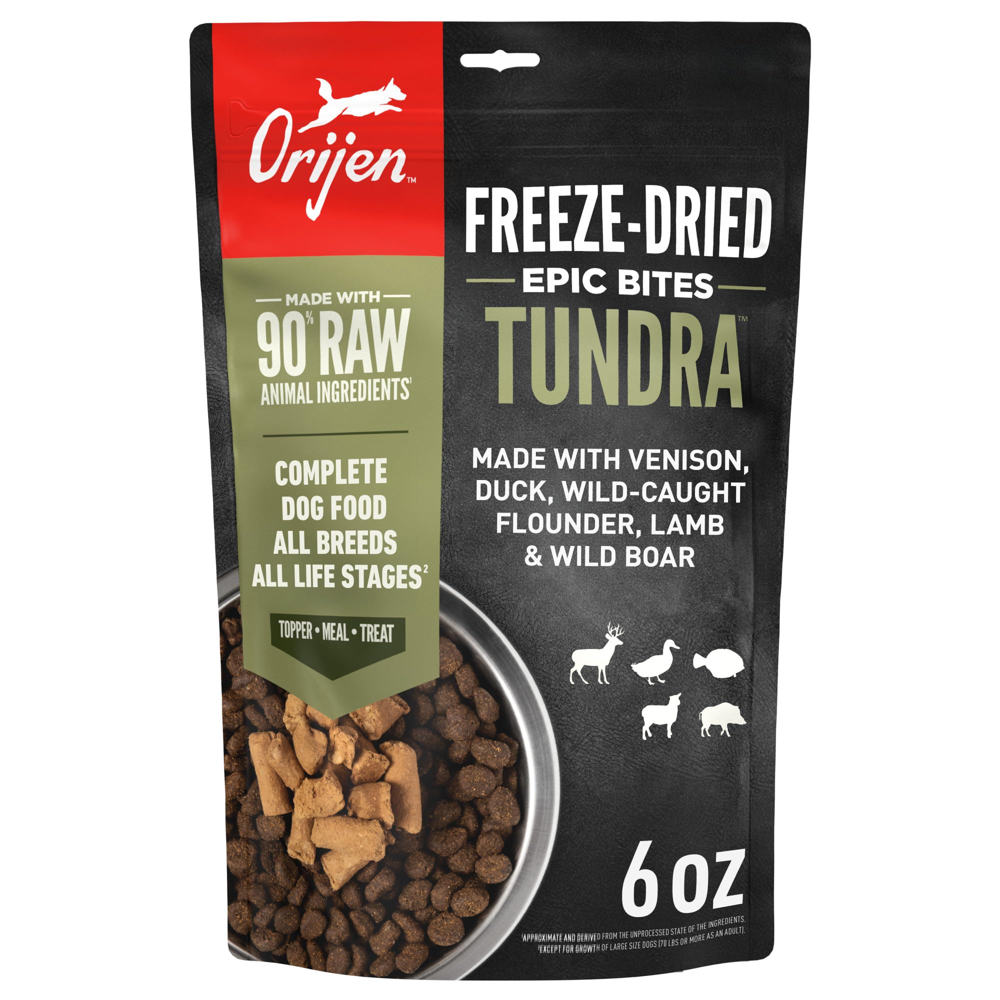 ORIJEN Epic Bites Tundra bag front, premium freeze-dried nourishment for dogs